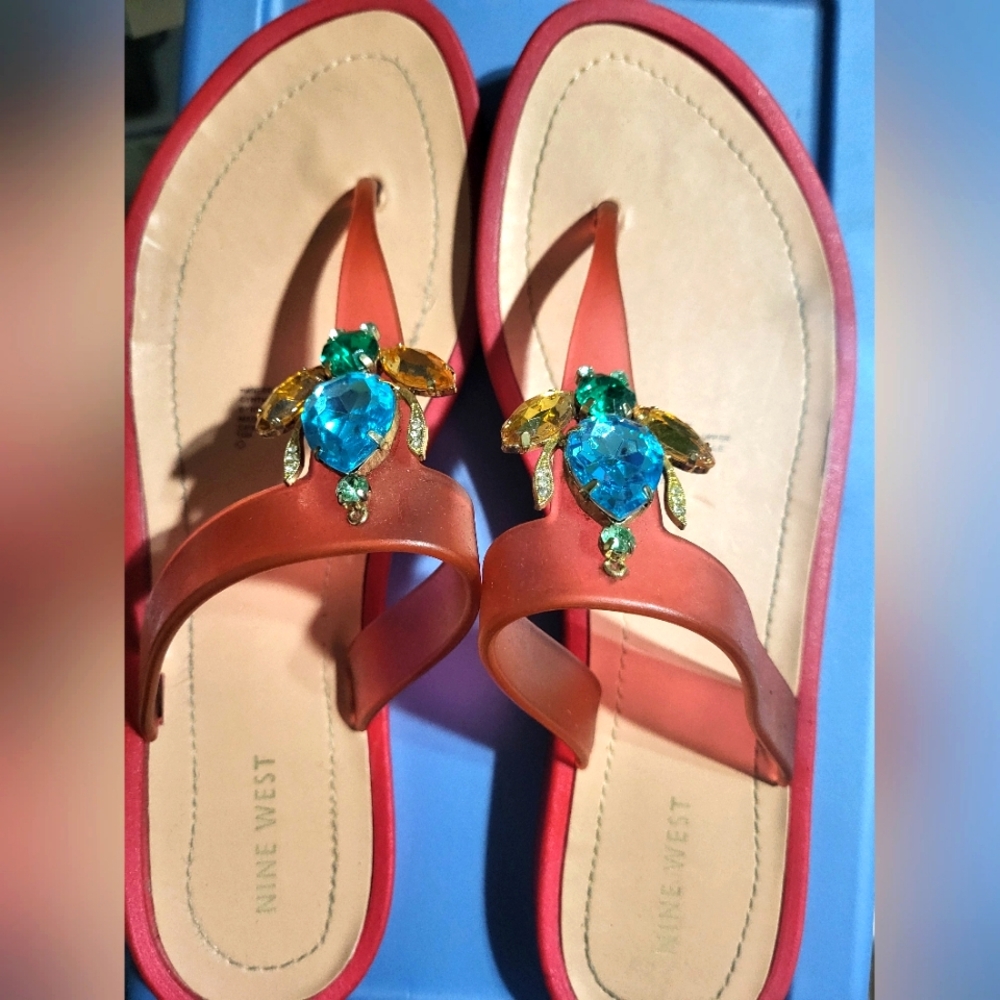 NINE WEST jelly jeweled flip flop slippers Orange  10M